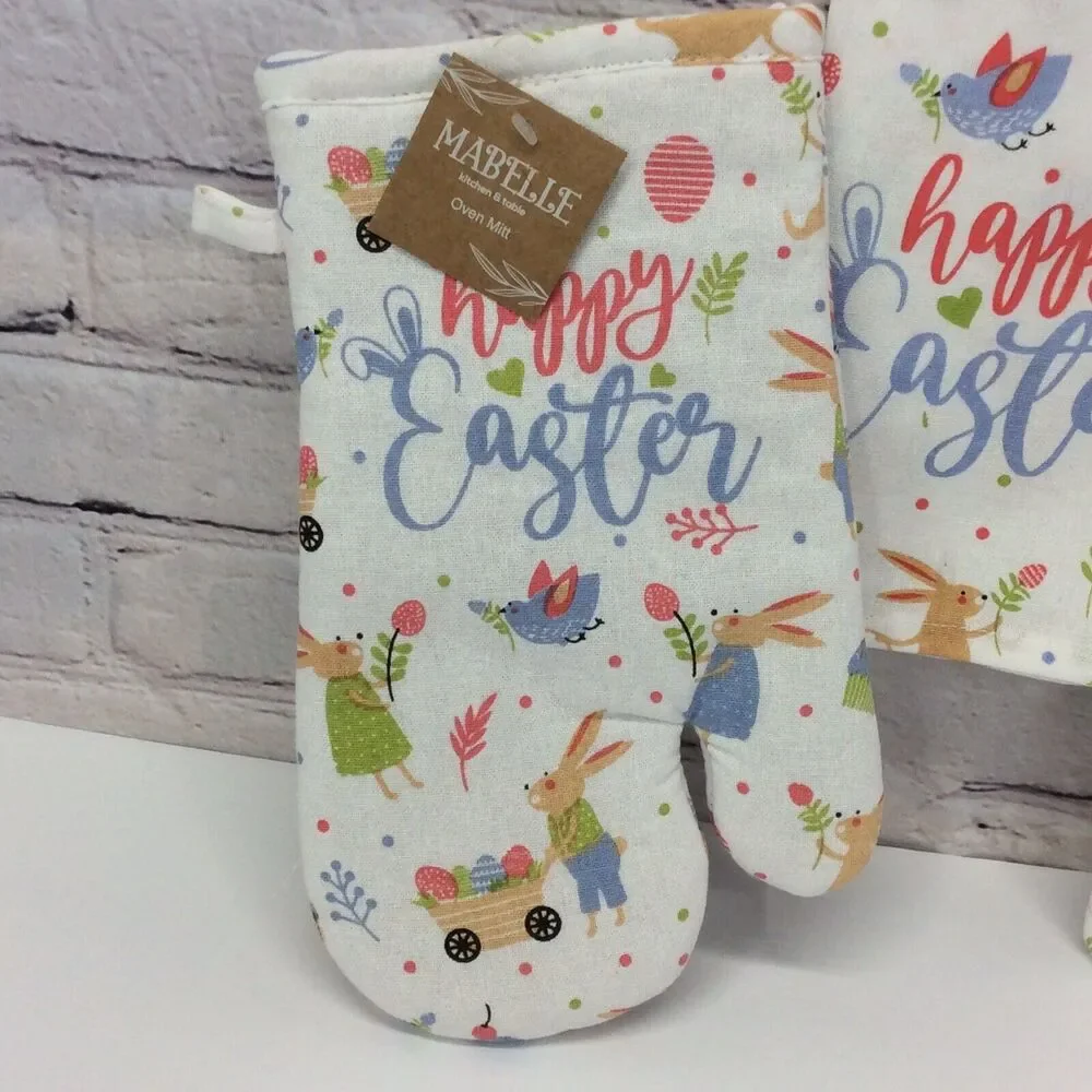 Happy Easter 3 Pc Kitchen Set Spring Pastel Blue Dish Towel/Pot Holder/Oven Mitt